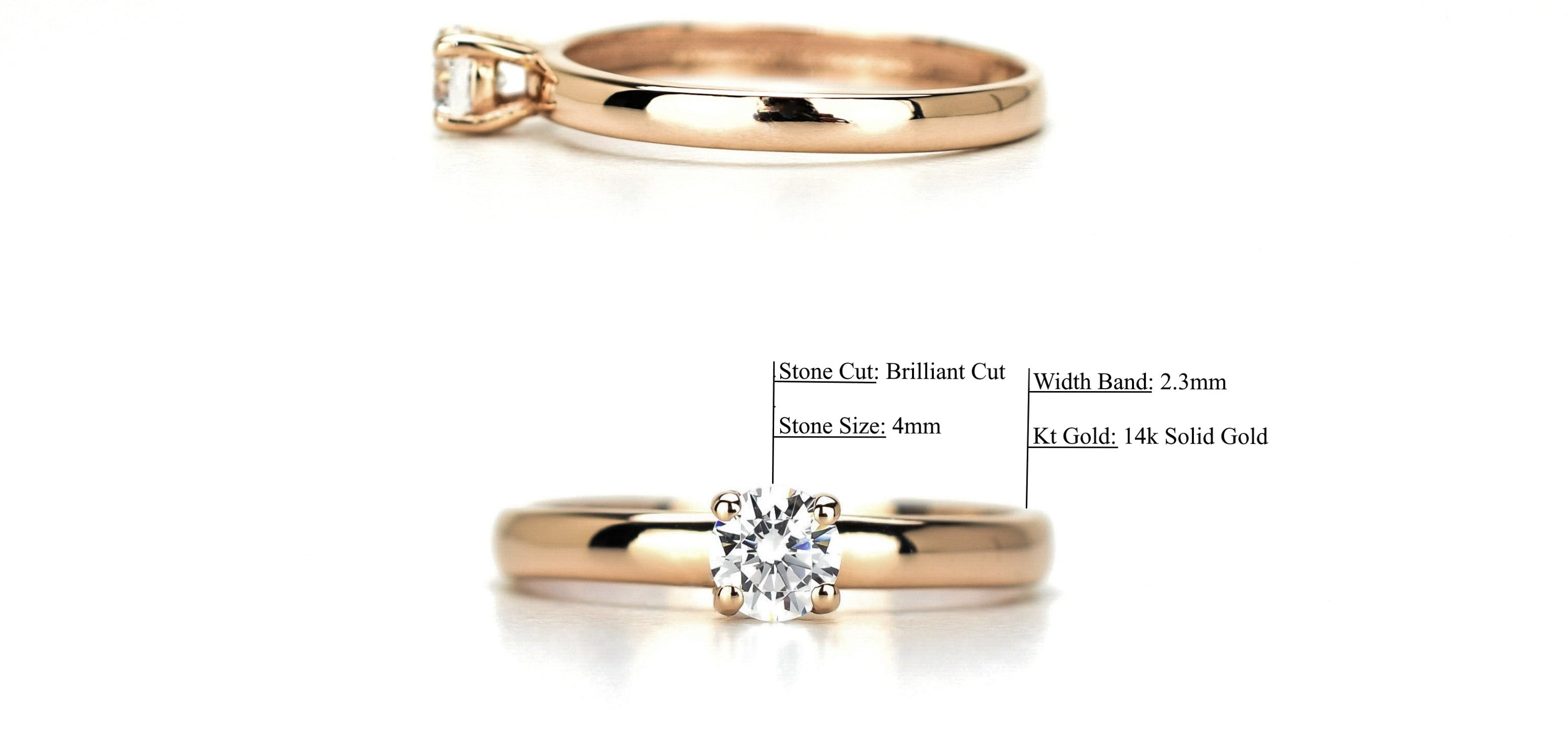 14k solitaire ring, Gouden Rose Ring, 14k gouden ring, gouden ring met steen, rose massief goud, verlovingsring goud, Trouwring goud, zijkant ring goud,