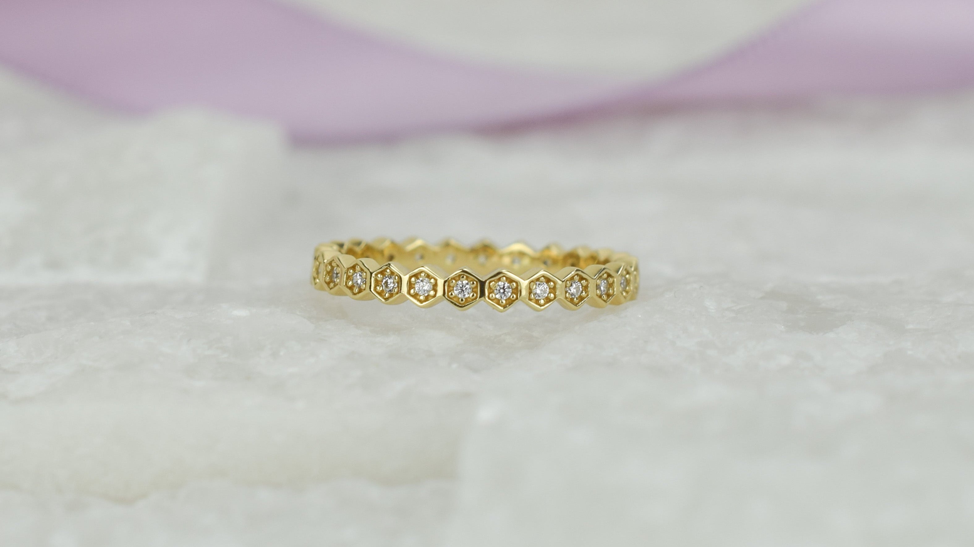 gouden honingraat aanschuifring, aanschuifring rosegoud, gouden ring honey, unieke ring, stapelring zilver, rosegoud aanschuifring