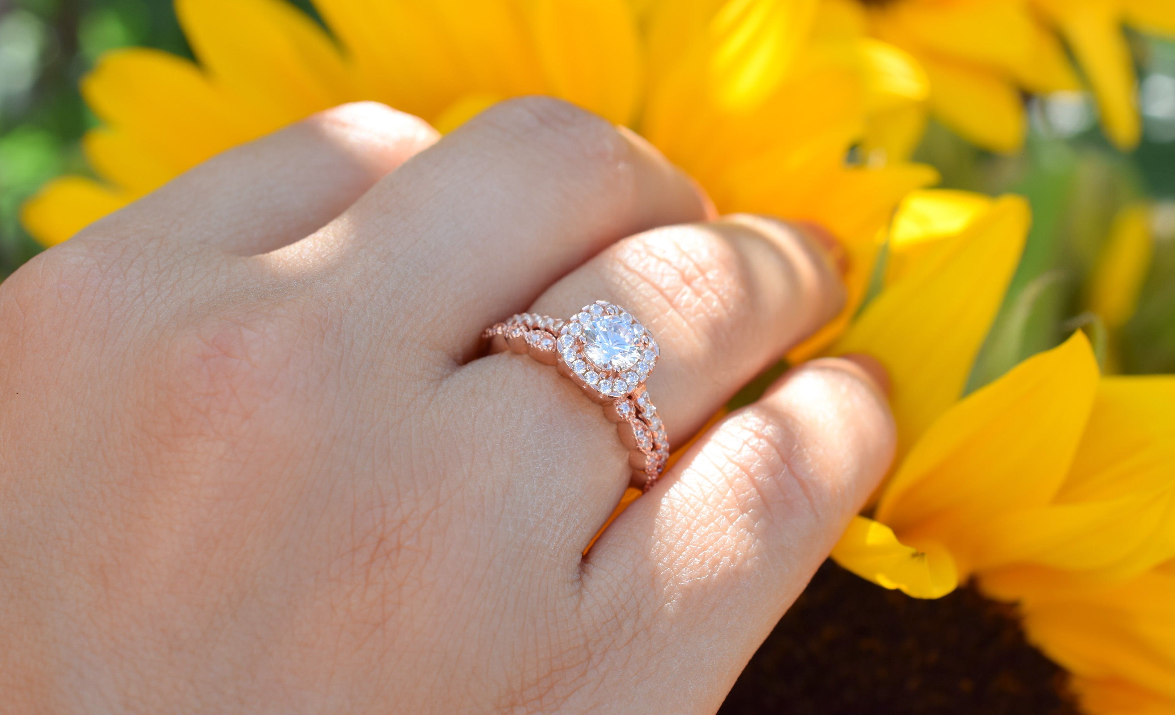 Ringset, Verlovingsring, trouwring, Halo ring, Zilveren ring, Gouden ringset, Solitaire ring, vriendschapsring, promise ring, Rose Gouden Ring, Art deco Ring