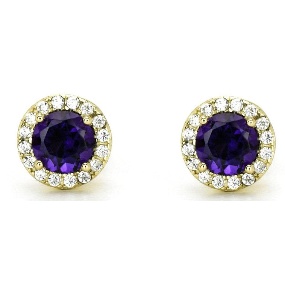 oorknoppen rond amethyst, paarse ronde oorbellen, amethyst paarse oorknoppen, halo oorbellen, kleine ronde oorbellen, birthstone oorbellen, geboortesteen oorbellen, gouden paarse oorbellen, rosegouden oorbellen, zilveren amethyst oorbellen