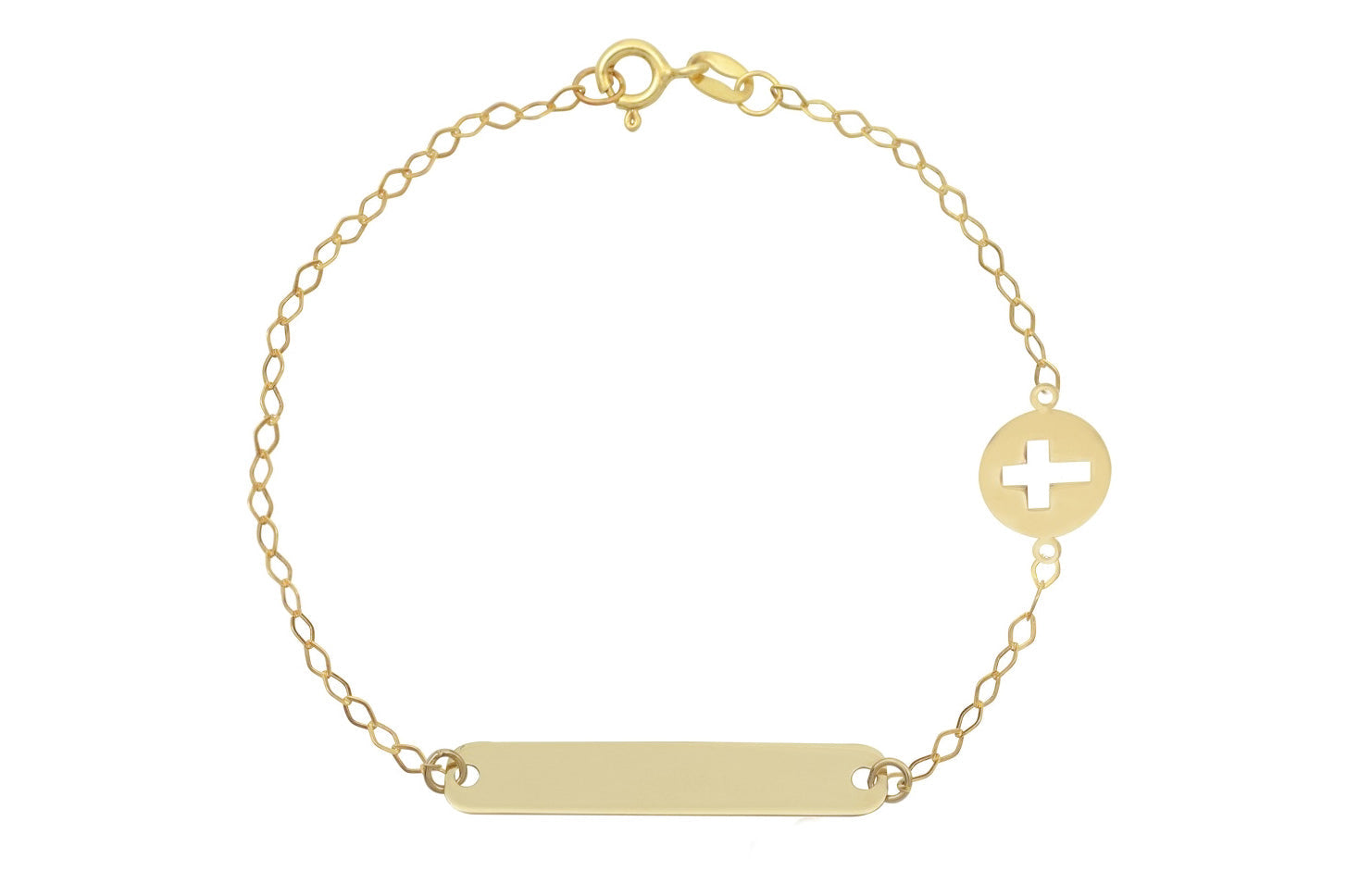 14k naamplaatje kinder armband, baby armband met plaatje, kruis naamplaatje baby armband, gouden kruis armband voor kinderen, kinder armband met kruis en graveerplaatje