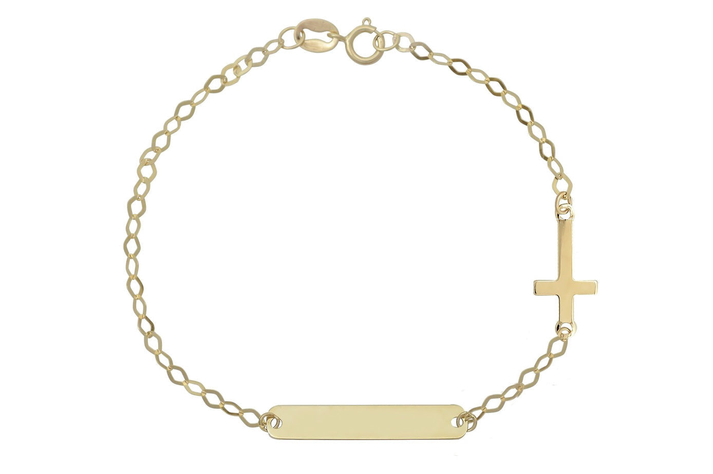 14k naamplaatje kinder armband, baby armband met plaatje, kruis naamplaatje baby armband, gouden kruis armband voor kinderen, kinder armband met kruis en graveerplaatje