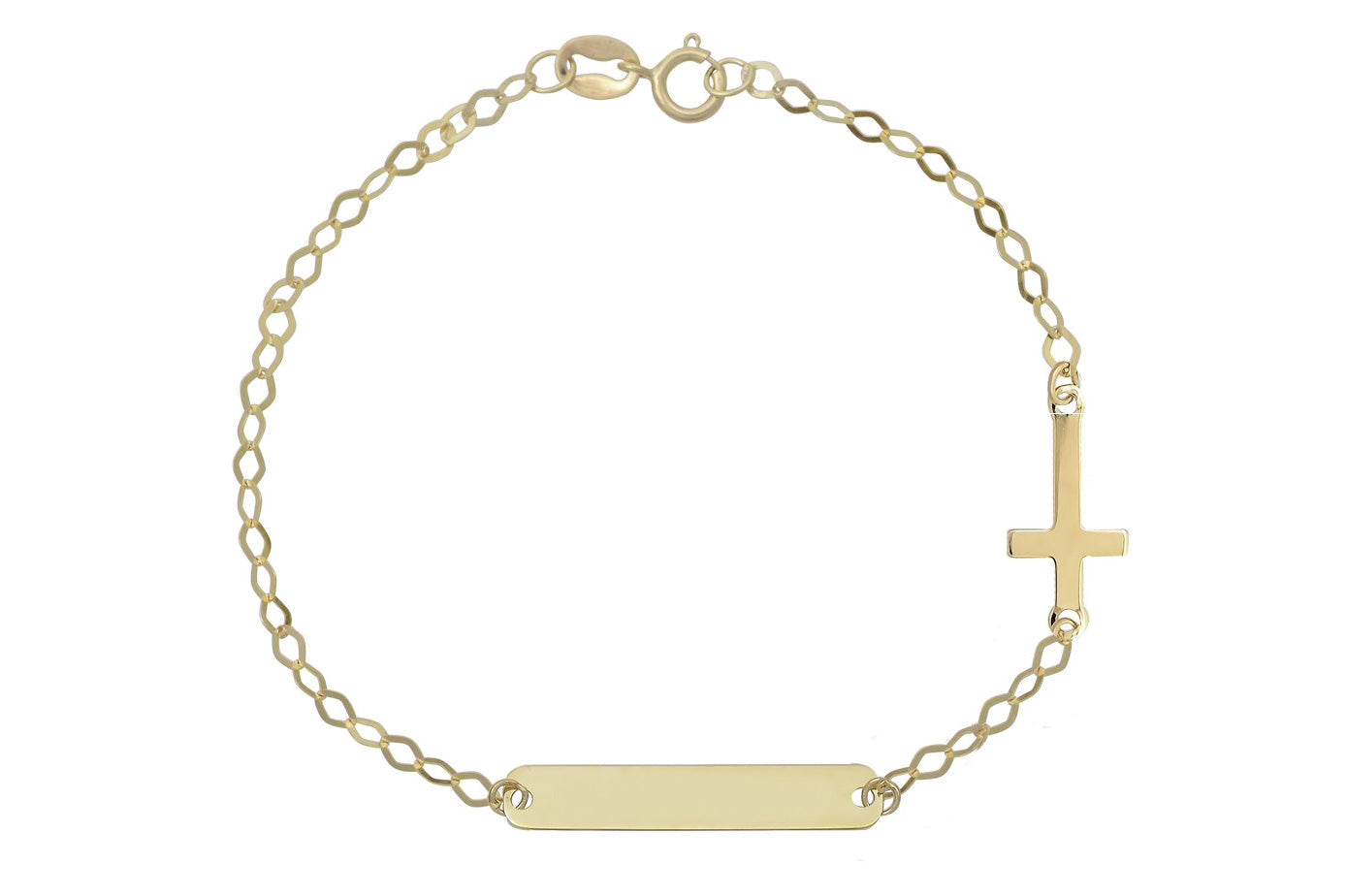 14k naamplaatje kinder armband, baby armband met plaatje, kruis naamplaatje baby armband, gouden kruis armband voor kinderen, kinder armband met kruis en graveerplaatje