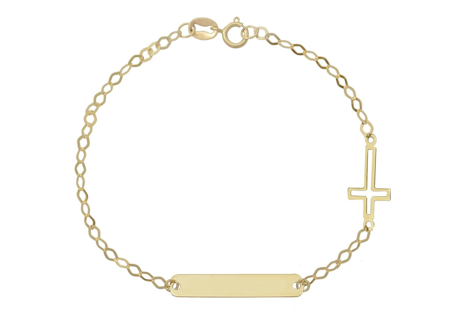 14k naamplaatje kinder armband, baby armband met plaatje, kruis naamplaatje baby armband, gouden kruis armband voor kinderen, kinder armband met kruis en graveerplaatje