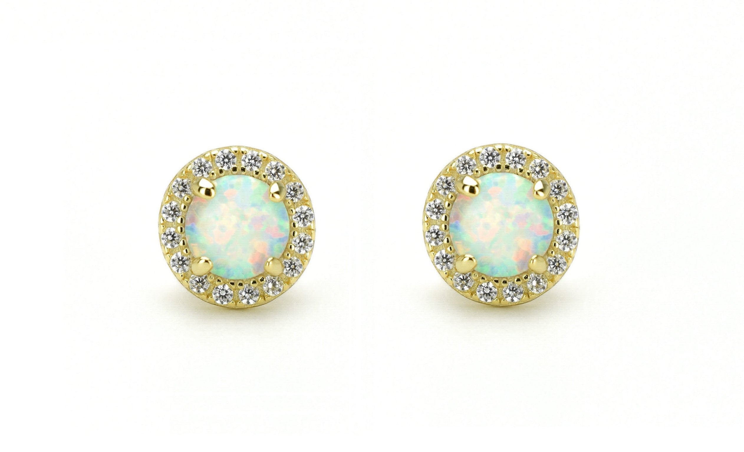 Opaal oorbellen gouden opaal oorbellen, opaal zilveren oorbellen, rosegouden opaal oorbellen, ronde opaal oorbellen, witte stenen oorbellen, birthstone opal, geboortesteen oorbellen, sieraden opaal, oktober sieraden, opaal ronde oorknoppen