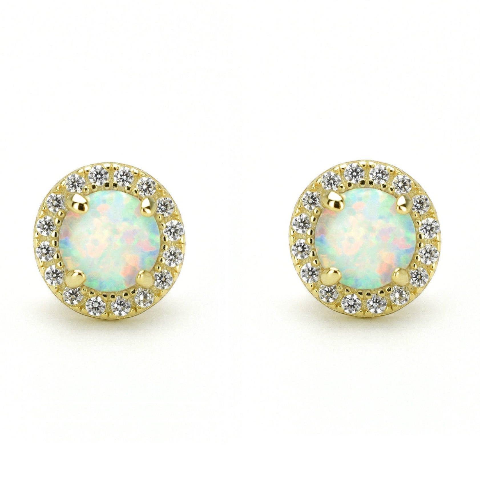 Opaal oorbellen gouden opaal oorbellen, opaal zilveren oorbellen, rosegouden opaal oorbellen, ronde opaal oorbellen, witte stenen oorbellen, birthstone opal, geboortesteen oorbellen, sieraden opaal, oktober sieraden, opaal ronde oorknoppen