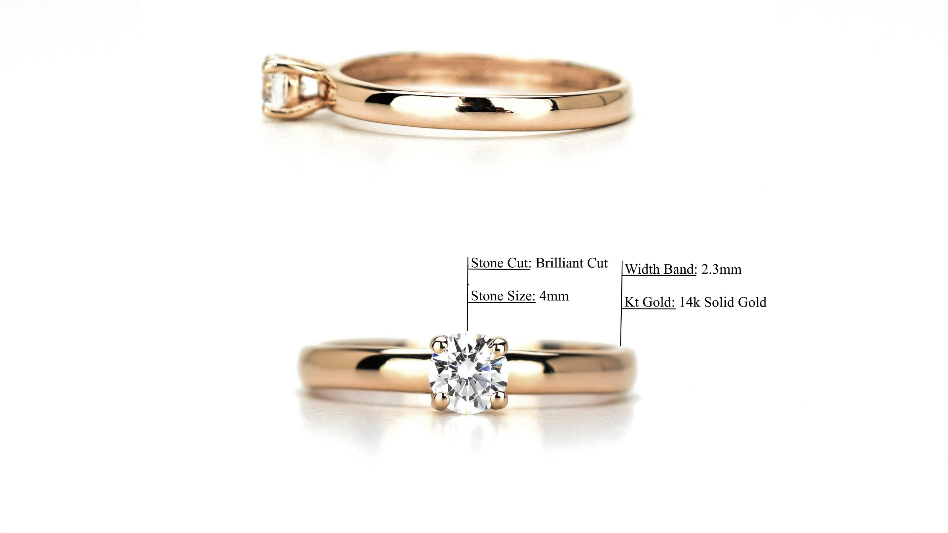 14k solitaire ring, Gouden Rose Ring, 14k gouden ring, gouden ring met steen, rose massief goud, verlovingsring goud, Trouwring goud, zijkant ring goud, 