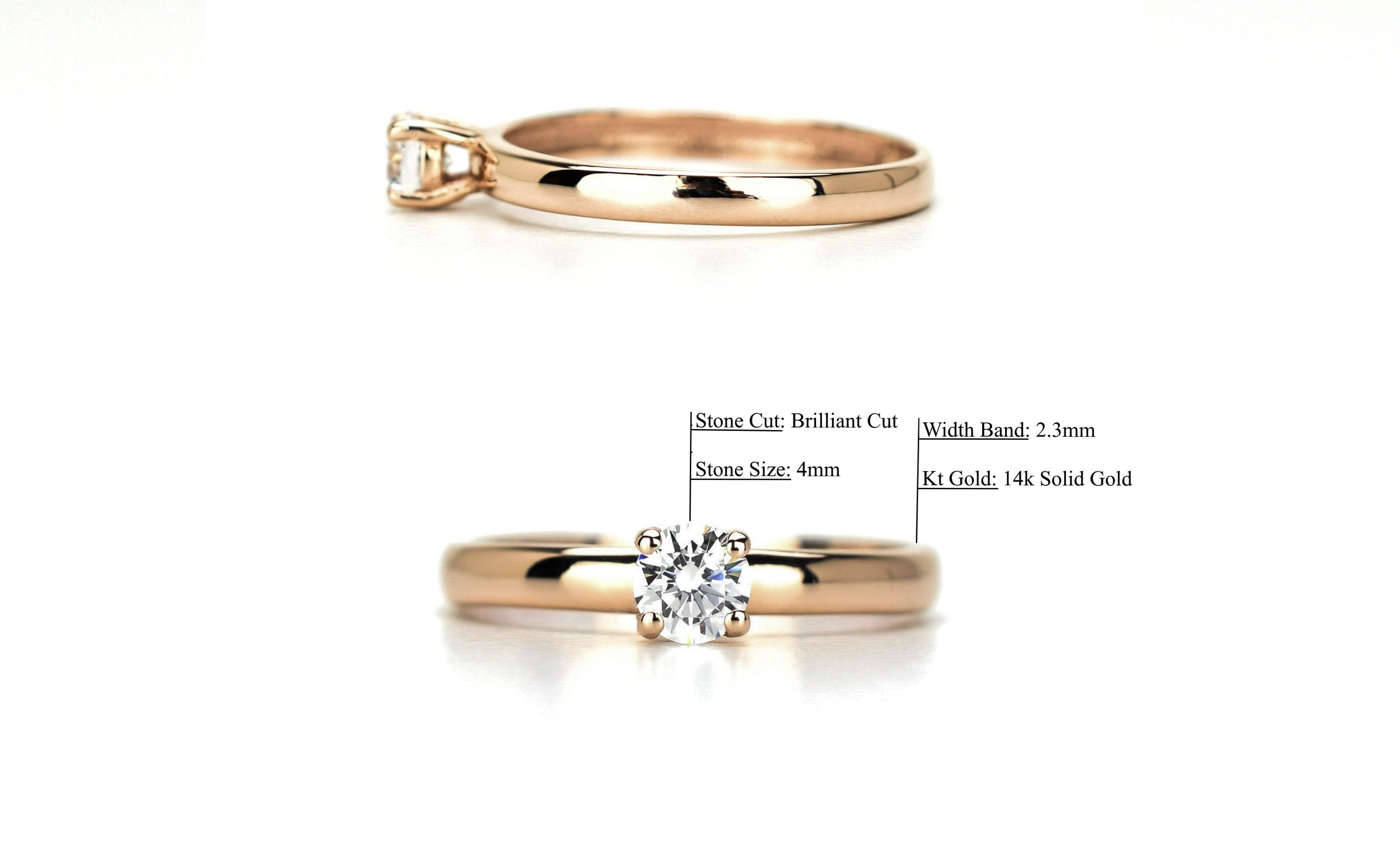 14k solitaire ring, Gouden Rose Ring, 14k gouden ring, gouden ring met steen, rose massief goud, verlovingsring goud, Trouwring goud, zijkant ring goud, 