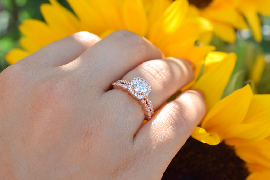 Ringset, Verlovingsring, trouwring, Halo ring, Zilveren ring, Gouden ringset, Solitaire ring, vriendschapsring, promise ring, Rose Gouden Ring, Art deco Ring