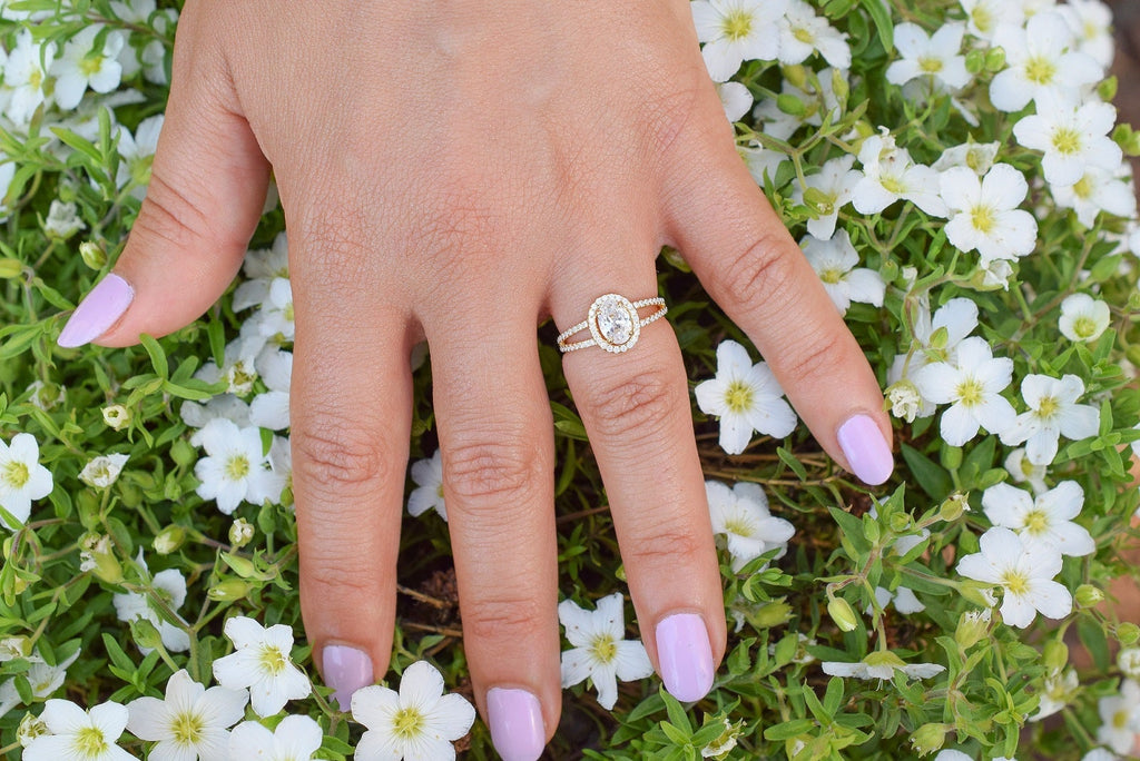 Verlovingsring goud, dubbele band ring, zilveren ring met ovale steen, dames ring met stenen, rosegouden ring met steen, ovale ring met dubbele band, unieke ring met steen