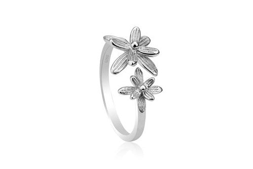 Bloemenring zilver, zilveren ring met bloemen, 2 bloemen open ringen, ring zilver met twee bloemen
