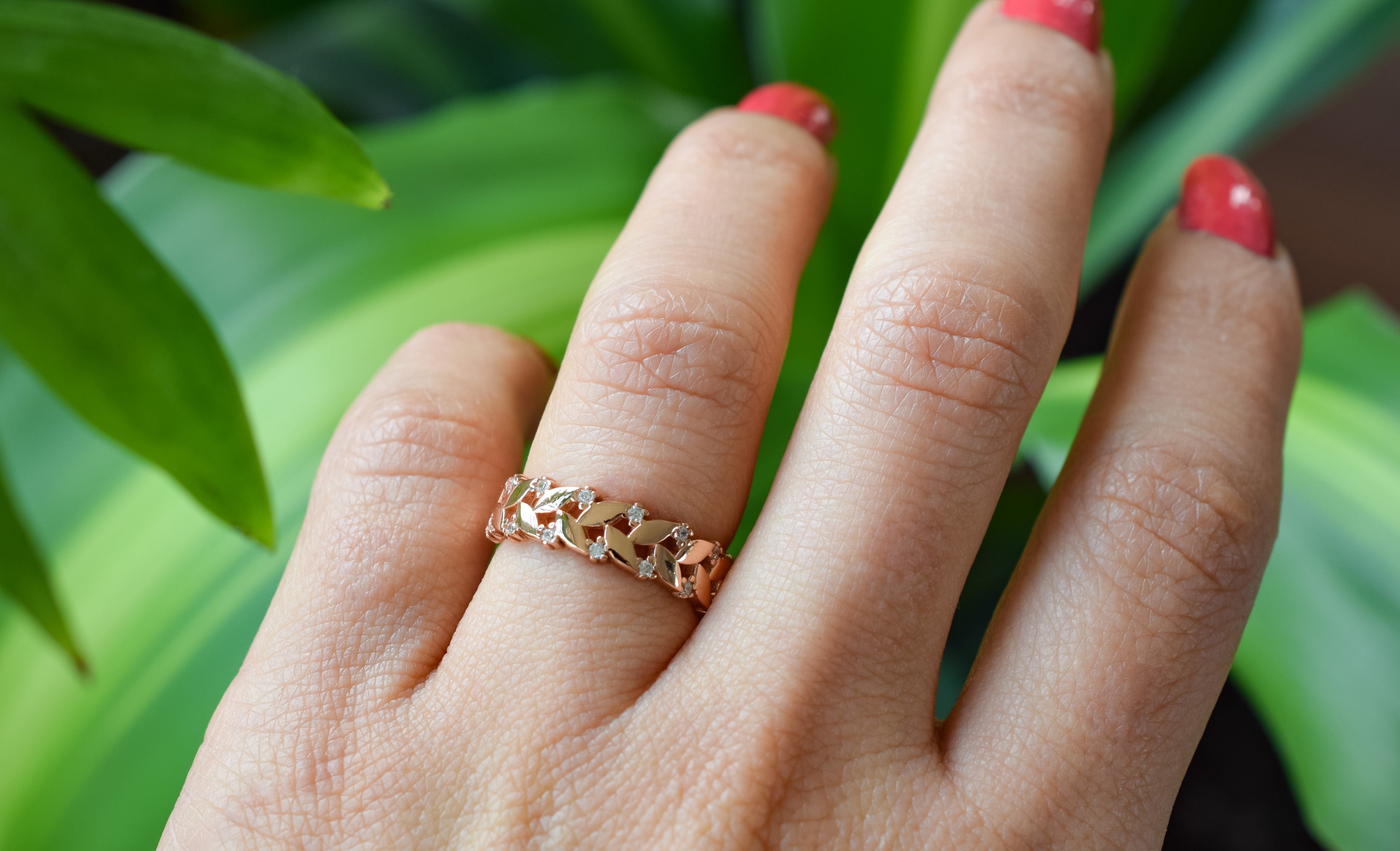 Leaf sparkle ring, 14 rose ring, ring blaadjes rose, gouden blaadjes ring, sieraden, zilveren nature ring