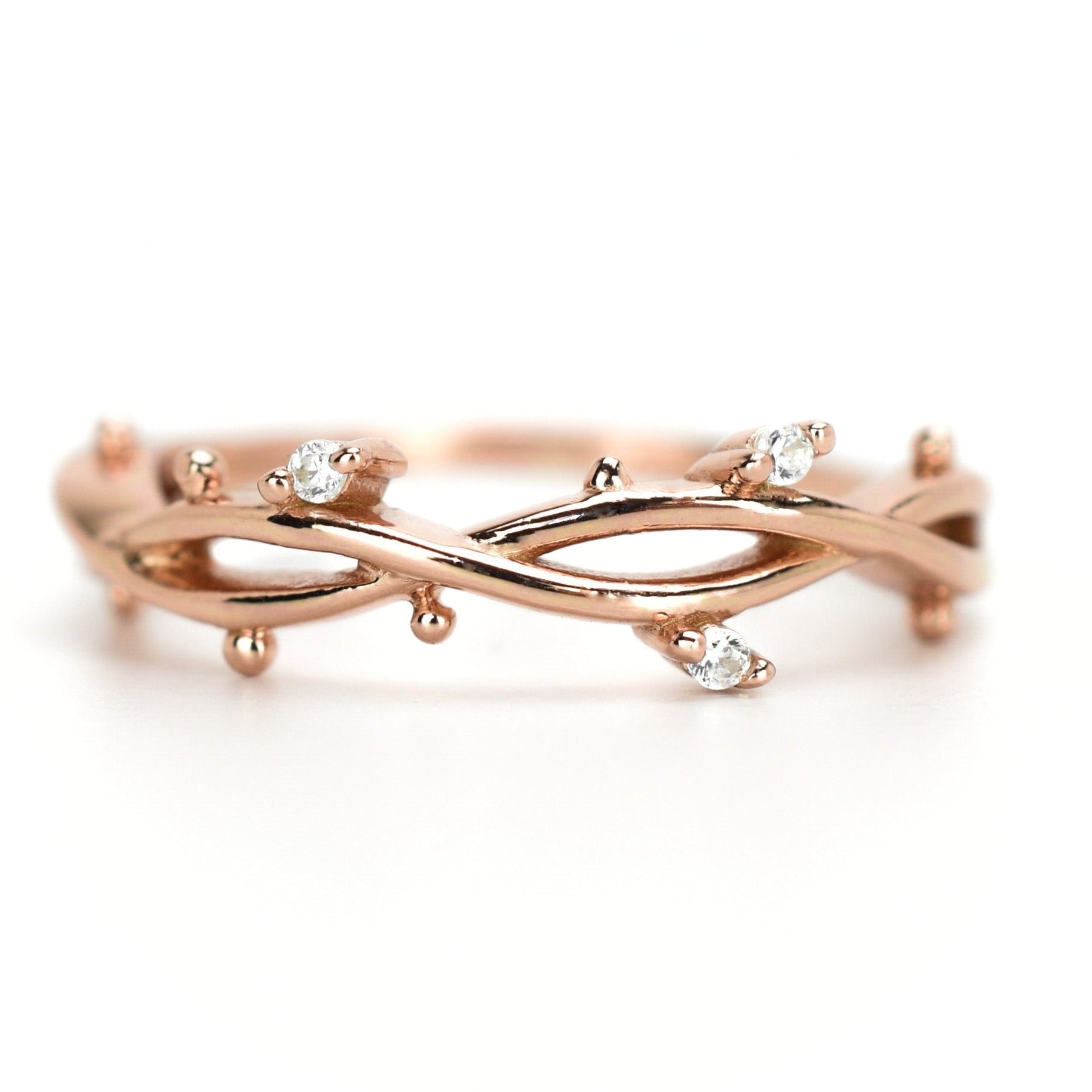 earth ring, 18k ring, eternity ring, rose gouden ring, branch ring, stapelring rosegoud