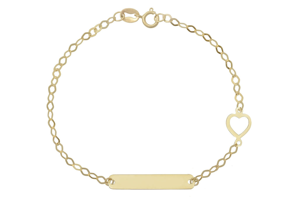 Gouden graveer armband, armband met een naamplaatje, gouden plaatjearmband, gouden plaatje armband met hart, dames hart armband